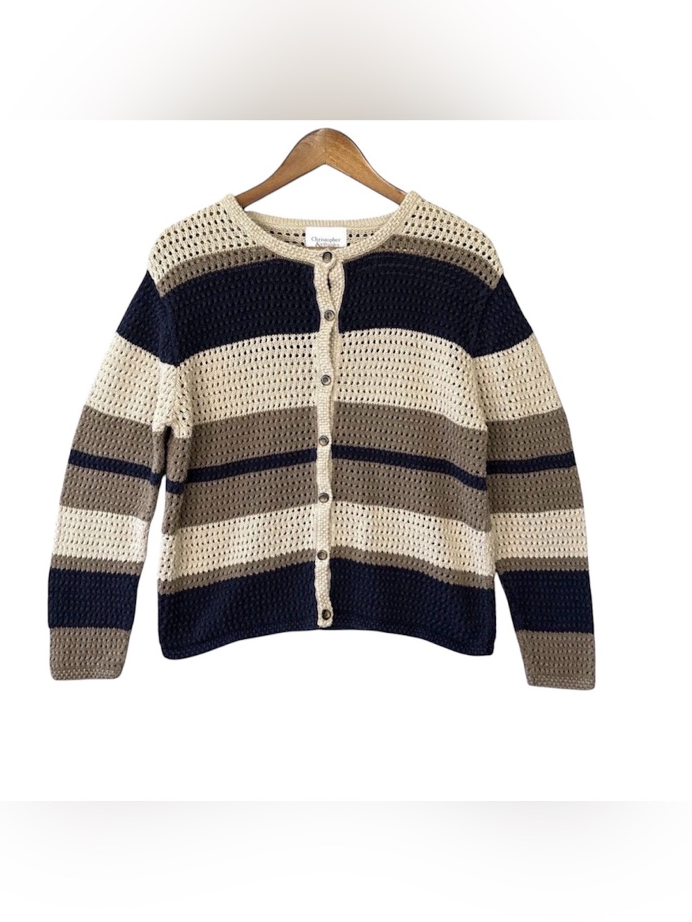Vtg Striped Open Knit Cardigan Sweater Neutral Size Large Granola Ramie Cotton